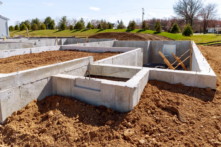 Chantier de construction résidentielle avec architecte ou contremaître en casque blanc et salopette bleue présentant des plans à un couple de clients