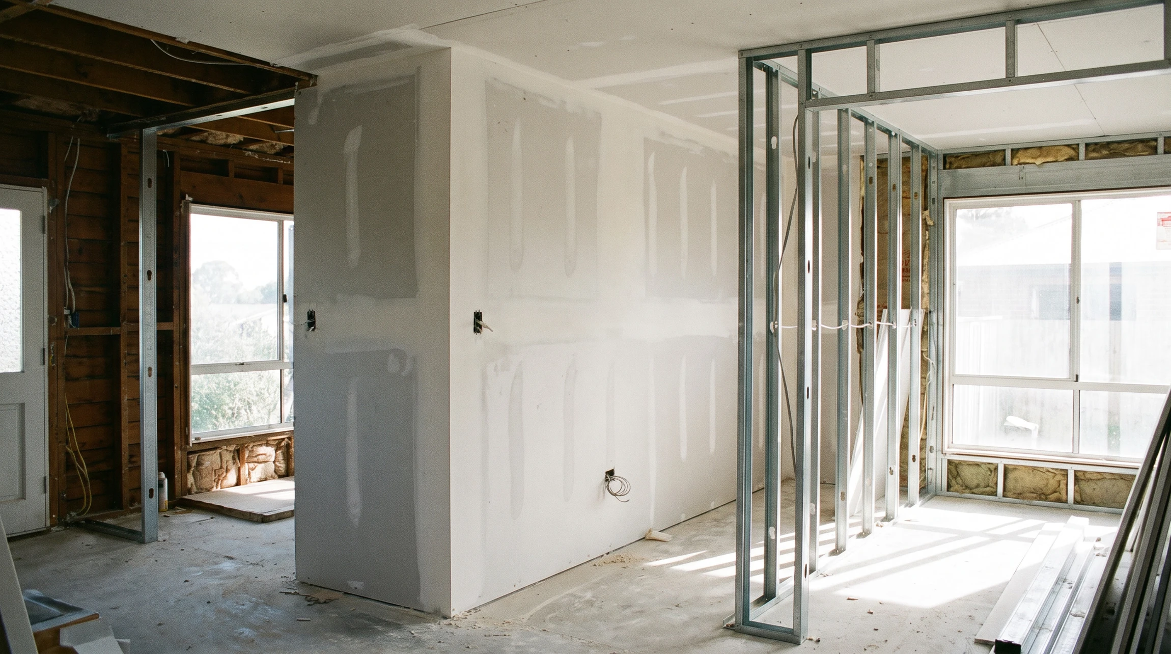 Ouvrier en bâtiment installant des cloisons sèches dans un chantier intérieur
