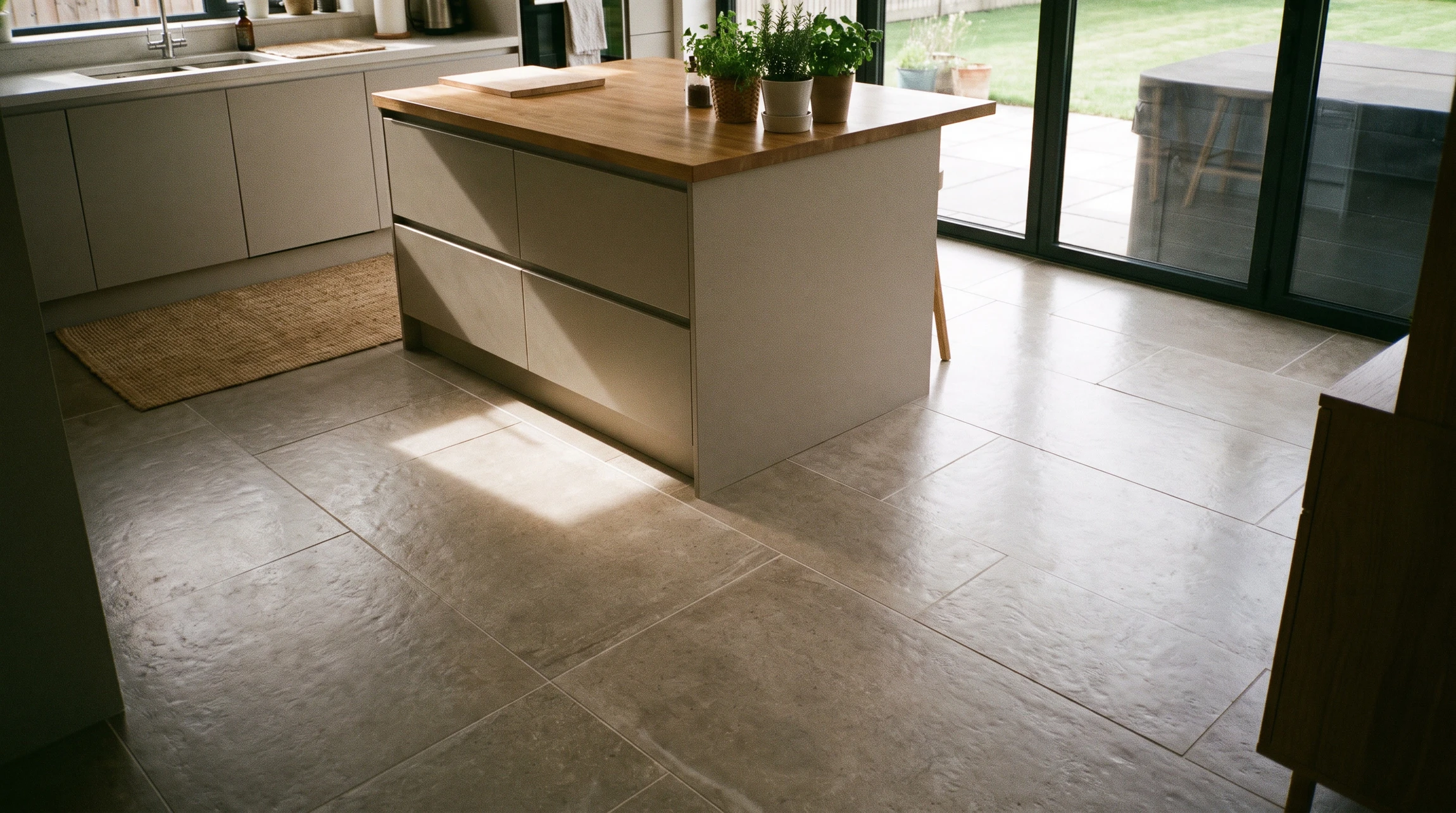 Artisan carreleur agenouillé sur un chantier intérieur appliquant du mortier-colle sur carrelage avec une truelle